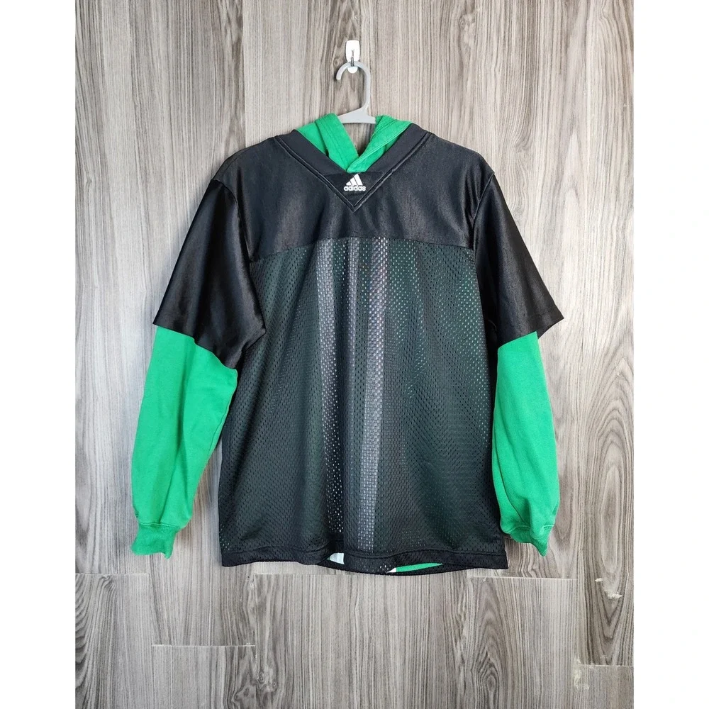 Adidas Mens Mesh Jersey‎ Hoodie Green Black Layered Pullover Sweatshirt L 410998